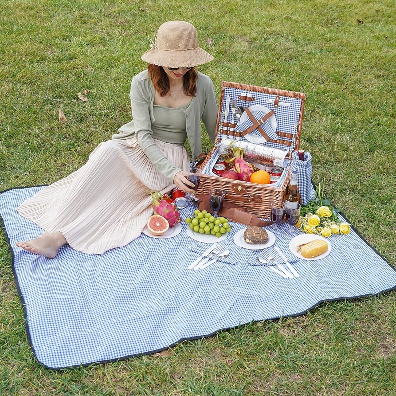 WILLOW WEAVE Picnic Baskets for 2, Picnic Basket with Waterproof Blanket, Picnic Basket Set with Washable Beach Mat & Large Insulated Cooler Compartment, Handmade Natural Wicker Hamper for Camping, Outdoor Party - Image 5